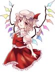  blonde_hair flandre_scarlet hat hat_ribbon highres looking_at_viewer mob_cap open_mouth puffy_short_sleeves puffy_sleeves ribbon shirt short_sleeves side_ponytail skirt skirt_set smile solo touhou uranaishi_(miraura) vest wings 