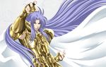  armor blue_eyes blue_hair cape fighting_stance full_armor gemini_saga long_hair male_focus saint_seiya solo very_long_hair 