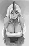  bad_deviantart_id bad_id bare_shoulders breast_squeeze breasts cleavage dark_skin greyscale horn huge_breasts leaning_forward long_hair looking_at_viewer monochrome monster_musume_no_iru_nichijou oni pointy_ears skirt smile solo spaghetti_strap tionishia upper_body whistle_frog 