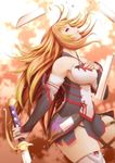  bare_shoulders breasts cleavage detached_sleeves gradient gradient_background long_hair milla_(tales_of_xillia_2) open_mouth orange_hair pink_eyes skirt sky solo sword tales_of_(series) tales_of_xillia_2 tears thighhighs weapon 