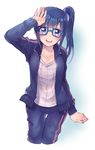  :d blue-framed_eyewear blue_eyes blue_hair blush buck_teeth cropped_legs fuji_fujino glasses imai_midori jacket long_hair looking_at_viewer open_mouth pants shirobako short_hair side_ponytail smile solo track_jacket track_pants 