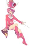  baton boots cosplay enk ensemble_stars! full_body green_eyes hat himemiya_touri invisible_chair jakuzure_nonon jakuzure_nonon_(cosplay) kill_la_kill male_focus pink_hair short_shorts shorts sidelocks sitting solo 