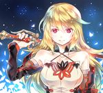  bare_shoulders blonde_hair blue_background breasts detached_sleeves gradient gradient_background long_hair milla_(tales_of_xillia_2) pink_eyes smile solo sword tales_of_(series) tales_of_xillia_2 weapon 