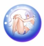  barefoot bubble crop_top fetal_position full_body hands_on_legs highres in_bubble legs_folded legs_together long_hair loose_clothes loose_shirt official_art otomedius panties plantar_flexion poini_coon ponytail profile purple_hair shirt sleeveless solo underwear yoshizaki_mine 