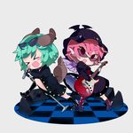  &gt;_&lt; :d alternate_costume animal_ears bird_wings black_dress blush_stickers boots checkered checkered_floor chibi choujuu_gigaku closed_eyes dress electric_guitar eyewear_on_head fangs green_hair guitar hat instrument jewelry juliet_sleeves kasodani_kyouko kayama_benio knee_boots kneehighs leg_up long_sleeves looking_at_viewer microphone microphone_stand mismatched_legwear multiple_girls mystia_lorelei open_mouth pantyhose petticoat pink_hair puffy_sleeves short_hair simple_background single_earring smile speaker sunglasses tail torn_clothes torn_legwear touhou v-shaped_eyebrows white_background wings xd 