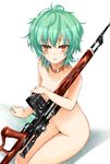  agetama blush breasts brown_eyes collar collarbone covering dragunov_svd green_hair gun hidan_no_aria highres lips messy_hair navel nude nude_cover reki_(hidan_no_aria) rifle short_hair small_breasts sniper_rifle weapon 