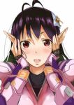  antenna_hair blush face hair_ornament hands_on_own_cheeks hands_on_own_face highres katori_(pso2) long_hair looking_at_viewer mole mole_under_eye phantasy_star phantasy_star_online_2 pointy_ears purple_hair simple_background solo tokiwa_midori_(kyokutou_funamushi) upper_body white_background 