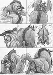  2012 all_fours ambiguous_gender anthro anus baby balls beast_(disney) beauty_and_the_beast birth comic disney duo eyes_closed fur horn leovictor64 male male_birth male_pregnancy monochrome nude penis pregnant simple_background sketch spread_anus spreading white_background young 