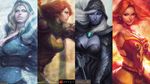  armor arrow blue_eyes bow dark_elf defense_of_the_ancients dota_2 dress drow_ranger earrings elf fire gradient gradient_background green_eyes highres hood jewelry lina_(dota_2) long_hair lyralei multiple_girls pointy_ears red_eyes red_hair rylai rylai_crestfall smile snow staff standing traxex wallpaper weapon white_hair 