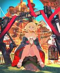  architecture bare_shoulders blonde_hair blue_eyes braid cage cat character_request floating floating_object panties solo taiki_(luster) underwear 