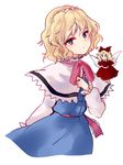  alice_margatroid blonde_hair blue_dress blue_eyes bow capelet dress fairy_wings hair_bow hairband long_sleeves looking_at_viewer red_dress sash shanghai_doll solo touhou uranaishi_(miraura) white_capelet wings 