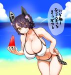  bikini black_hair breasts eyepatch food fruit highres histamine_c huge_breasts kantai_collection short_hair solo swimsuit tenryuu_(kantai_collection) translated watermelon yellow_eyes 
