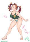  arms_at_sides breasts brown_hair eyes_visible_through_hair full_body gundam gundam_build_fighters gundam_build_fighters_try hair_ornament highres hori_shin large_breasts long_hair looking_at_viewer meat_day midriff one_eye_closed orange_eyes sandals sazaki_kaoruko shorts sideboob simple_background smile solo standing tank_top twintails 