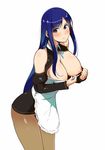  apron bare_shoulders blue_eyes blue_hair blush breasts brown_legwear cowboy_shot dream_c_club dream_c_club_(series) large_breasts long_hair looking_at_viewer nipples pantyhose reika_(dream_c_club) simple_background solo tokiwa_midori_(kyokutou_funamushi) very_long_hair white_background 