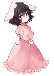  animal_ears black_hair bunny_ears bunny_tail dress inaba_tewi looking_at_viewer looking_back pink_dress puffy_short_sleeves puffy_sleeves red_eyes short_sleeves smile solo tail touhou uranaishi_(miraura) 