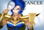  armor blue_eyes blue_hair cancer_death_mask full_armor grin male_focus mask mask_removed saint_seiya smile solo yonakaforever 