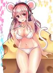  animal_ears arm_strap bikini blush breasts cheese chocho_(homelessfox) cowboy_shot eating food fork hair_between_eyes headphones large_breasts long_hair looking_at_viewer mouse_ears mouse_tail navel nitroplus pink_hair sitting solo super_sonico swimsuit tail thigh_gap tongue tongue_out white_bikini 