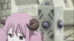  1girl animated animated_gif aries_(fairy_tail) bouncing_breasts breasts cleavage fairy_tail horns pink_hair subtitled 