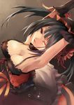  absurdres armpits bare_shoulders black_gloves black_hair breasts clock_eyes date_a_live dress elbow_gloves from_above fukai_ryousuke gloves hairband heterochromia highres large_breasts lolita_fashion lolita_hairband long_hair looking_at_viewer red_eyes solo symbol-shaped_pupils tokisaki_kurumi tongue tongue_out twintails yellow_eyes 