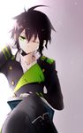  black_hair book crossed_legs gradient gradient_background green_eyes hand_behind_head highres hyakuya_yuuichirou male_focus military military_uniform one_eye_closed owari_no_seraph sitting solo tsukimori_usako unbuttoned uniform 