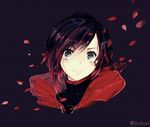  artist_name black_background black_hair character_name closed_mouth cross english gradient_hair looking_at_viewer multicolored_hair otakumi petals portrait red_hair rose_petals ruby_rose rwby shiny shiny_hair short_hair silver_eyes smile solo two-tone_hair 