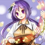  biwa_lute bow hair_bow instrument low_twintails lowres lute_(instrument) mayo_(mayomr29) open_mouth purple_eyes purple_hair solo touhou tsukumo_benben twintails 