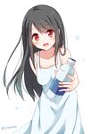  :d arm_behind_back black_hair blush bottle dress long_hair looking_at_viewer open_mouth original red_eyes smile snowmi solo sundress twitter_username very_long_hair 