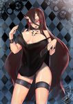  1girl argyle argyle_background battleship-symbiotic_hime blackmoon breasts cleavage curvy demon_girl dress female horns kantai_collection large_breasts long_hair red_eyes red_hair shinkaisei-kan solo undressing very_long_hair 