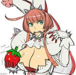  ahoge akairiot aqua_eyes breasts cleavage cleavage_cutout elphelt_valentine explosive food fruit gloves grenade grenade_pin guilty_gear guilty_gear_xrd hat huge_breasts mouth_hold red_hair solo spikes strawberry 