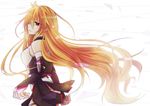  1girl bare_shoulders breasts detached_sleeves milla_(tales_of_xillia_2) open_mouth orange_hair purple_eyes ribbon simple_background skirt solo tales_of_(series) tales_of_xillia_2 very_long_hair 
