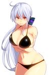  alternate_costume bare_arms bare_legs bikini black_bikini breast_hold breasts embarrassed hair_between_eyes hair_ribbon large_breasts long_hair looking_at_viewer navel noboes ponytail red_eyes ribbon silver_hair solo swimsuit very_long_hair vocaloid voyakiloid wavy_mouth yowane_haku 