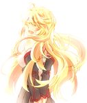  1girl ahoge bare_shoulders blonde_hair blush breasts detached_sleeves eyes_closed long_hair milla_(tales_of_xillia_2) open_mouth simple_background skirt solo tales_of_(series) tales_of_xillia_2 