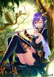  bird blue_eyes breasts elf flute highres in_tree instrument medium_breasts music one_eye_closed original owl playing_instrument pointy_ears purple_hair sitting sitting_in_tree solo tree wox 