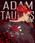  adam_taurus artist_name black_background black_gloves character_name dated english flower gloves horns looking_back male_focus mask mask_removed off_shoulder otakumi petals red_hair rose rose_petals rwby signature solo trench_coat undressing 