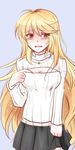  1girl blonde_hair blush breasts cleavage cleavage_cutout grey_background long_hair milla_(tales_of_xillia_2) neckalce open-chest_sweater open_mouth red_eyes simple_background skirt solo sweater tales_of_(series) tales_of_xillia_2 
