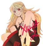  1girl bare_shoulders boots breasts long_hair milla_(tales_of_xillia_2) orange_hair red_eyes simple_background skirt smile solo tales_of_(series) tales_of_xillia_2 