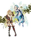  2girls bare_shoulders blue_hair boots bracelet breasts brown_hair detached_sleeves dress green_eyes jewelry milla_(tales_of_xillia_2) multicolored_hair multiple_girls muzet_(tales) open_mouth pantyhose pointy_ears purple_eyes ribbon simple_background skirt tales_of_(series) tales_of_xillia tales_of_xillia_2 thighhighs very_long_hair wings 
