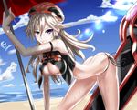  absurdres alisa_ilinichina_amiella beach bent_over bikini_bottom breasts cleavage crop_top god_eater highres nez-kun ocean open_clothes pole pose purple_eyes side-tie_bottom silver_hair solo sunlight water wet 