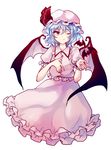  bat bat_wings blue_hair dress hat hat_ribbon highres mob_cap one_eye_closed pink_dress puffy_short_sleeves puffy_sleeves red_eyes remilia_scarlet ribbon short_hair short_sleeves simple_background smile solo touhou uranaishi_(miraura) white_background wings wrist_cuffs 