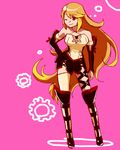  1girl bare_shoulders boots breasts brown_hair detached_sleeves milla_(tales_of_xillia_2) one_eye_closed pink_background simple_background skirt smile solo tales_of_(series) tales_of_xillia_2 thighhighs very_long_hair 