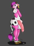  2015 anthro balls big_balls bovine cattle clothing girly gloves grey_background hair horn huge_penis humanoid_penis laiche legwear looking_at_viewer male mammal penis precum simple_background solo standing suirano vein 