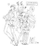  1boy 2girls bare_shoulders belt blush boots breasts cat detached_sleeves dress elle_mel_martha eyes_closed frills hair_ornament hat jacket long_hair ludger_will_kresnik lulu_(tales) milla_(tales_of_xillia_2) monochrome multiple_girls necktie open_mouth pants shoes short_hair skirt tales_of_(series) tales_of_xillia_2 thighhighs twintails very_long_hair 