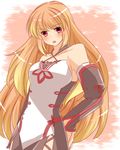  bare_shoulders blush breasts detached_sleeves gradient gradient_background long_hair milla_(tales_of_xillia_2) open_mouth orange_hair pink_eyes red_background skirt solo tales_of_(series) tales_of_xillia_2 