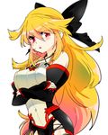  1girl bare_shoulders blonde_hair blush breasts detached_sleeves hair_ornament long_hair milla_(tales_of_xillia_2) open_mouth pink_eyes ribbon simple_background skirt solo tales_of_(series) tales_of_xillia_2 