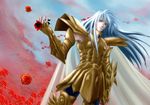  armor blue_eyes blue_hair cape flower full_armor long_hair male_focus petals pisces_albafica rose rose_petals saint_seiya saint_seiya:_the_lost_canvas solo 