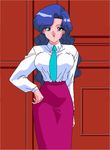  1girl 90s aliasing animahjong animahjong_v3 blue_eyes blue_hair earrings eyeshadow indoors jewelry lipstick long_hair looking_at_viewer lowres makeup nakajima_atsuko necktie oldschool sogna solo viper yumika_(animahjong) 