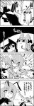  3girls 4koma animal_ears antennae ascot belly_rub bow braid brooch cape cat_ears cat_tail comic commentary cup greyscale hair_bow hair_tubes hakurei_reimu highres imaizumi_kagerou jewelry kaenbyou_rin kazami_yuuka medicine_melancholy minigirl monochrome multiple_girls multiple_tails open_mouth petting shaded_face smile surprised sweat tail tani_takeshi teacup touhou translated trembling twin_braids wolf_ears wolf_tail wriggle_nightbug yukkuri_shiteitte_ne |_| 