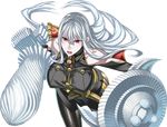  1girl breasts dengeki_bunko_fighting_climax huge_breasts long_hair military_uniform red_eyes selvaria_bles senjou_no_valkyria silver_hair simple_background solo weapon 