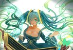  aqua_hair bare_shoulders blue_dress blue_eyes breasts collarbone dress etwahl gradient_hair hair_between_eyes huayue instrument large_breasts league_of_legends long_hair looking_at_viewer multicolored_hair off_shoulder open_mouth reaching_out solo sona_buvelle twintails very_long_hair 