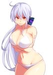  alternate_costume bare_arms bare_legs bikini breast_hold breasts embarrassed hair_between_eyes hair_ribbon large_breasts long_hair looking_at_viewer navel noboes ponytail red_eyes ribbon silver_hair solo swimsuit very_long_hair vocaloid voyakiloid wavy_mouth white_bikini yowane_haku 